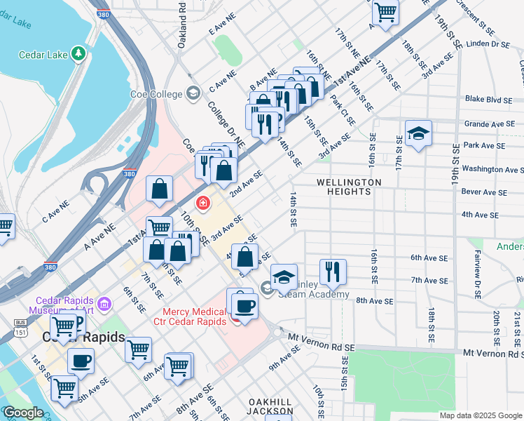 map of restaurants, bars, coffee shops, grocery stores, and more near 1237 3rd Avenue Southeast in Cedar Rapids