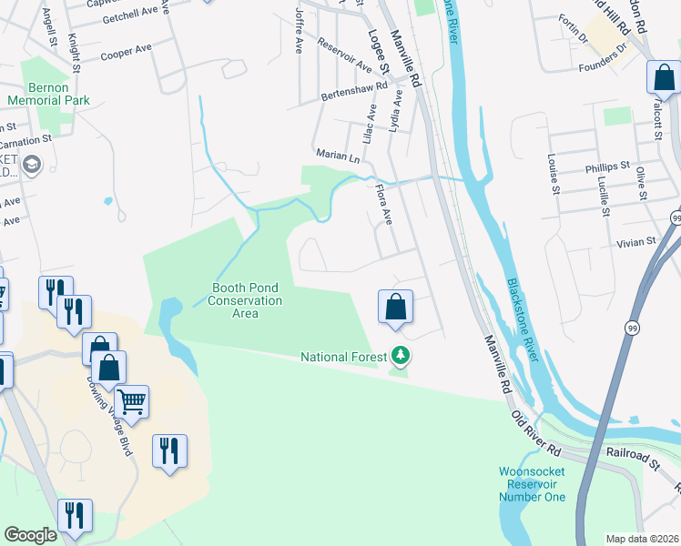 map of restaurants, bars, coffee shops, grocery stores, and more near 112 Gauthier Drive in Woonsocket
