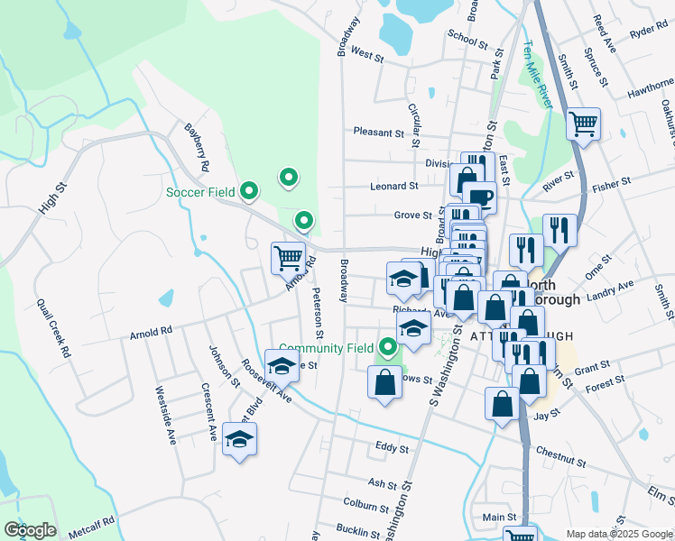 map of restaurants, bars, coffee shops, grocery stores, and more near 320 Broadway in North Attleborough