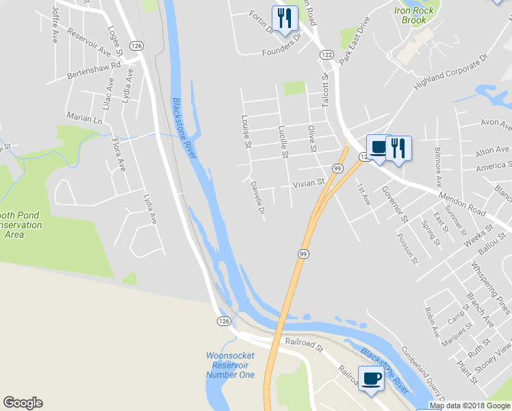 map of restaurants, bars, coffee shops, grocery stores, and more near 105 Danielle Drive in Woonsocket