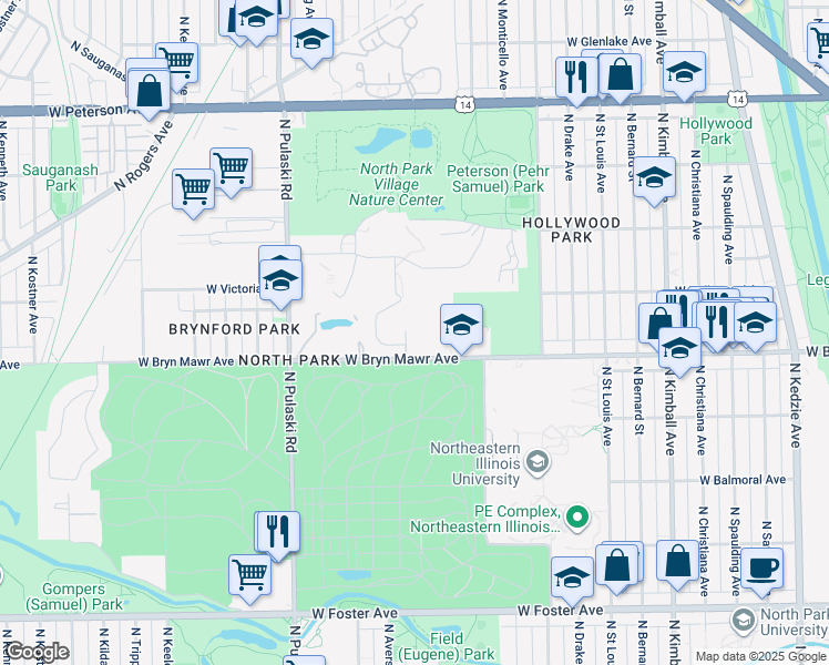 map of restaurants, bars, coffee shops, grocery stores, and more near 5801 North Pulaski Road in Chicago