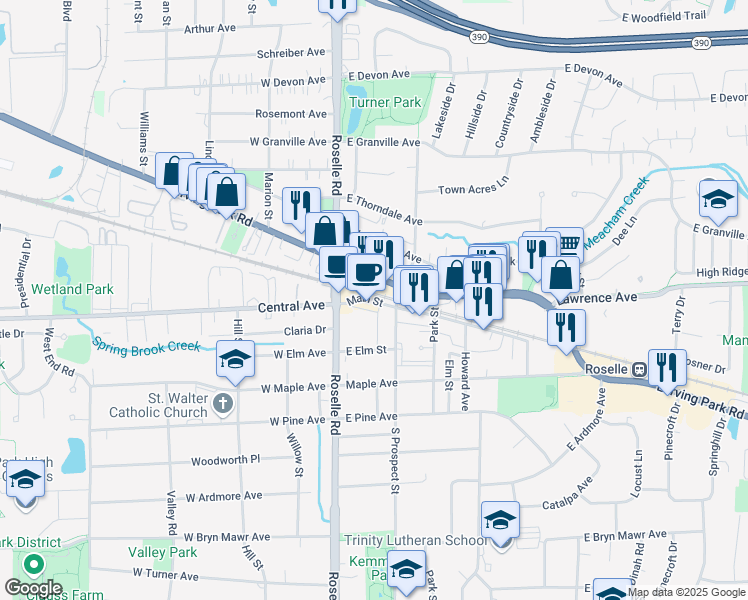 map of restaurants, bars, coffee shops, grocery stores, and more near 39 Main Street in Roselle