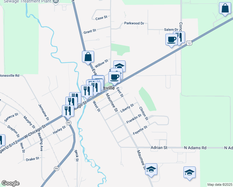 map of restaurants, bars, coffee shops, grocery stores, and more near 314 Church Street in Jonesville