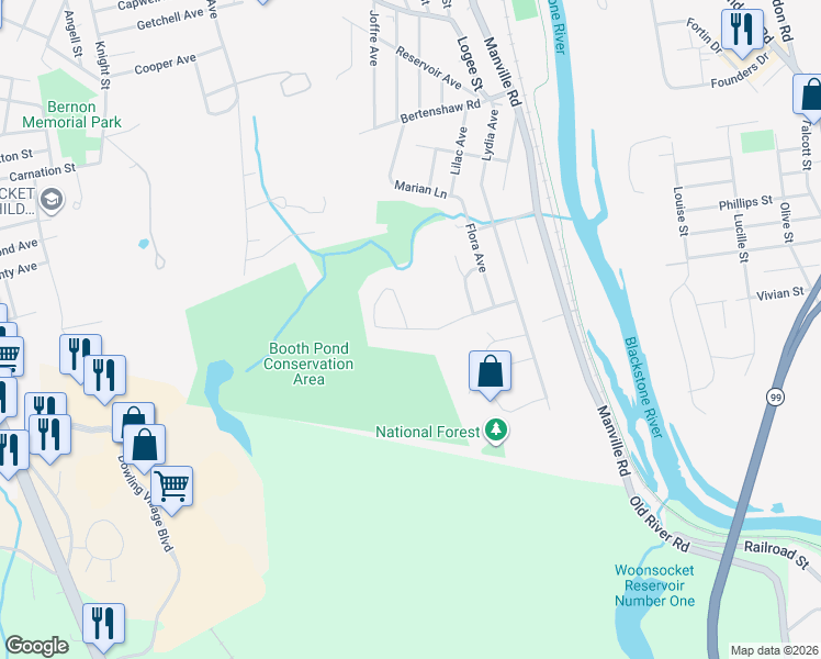 map of restaurants, bars, coffee shops, grocery stores, and more near 112 Gauthier Drive in Woonsocket