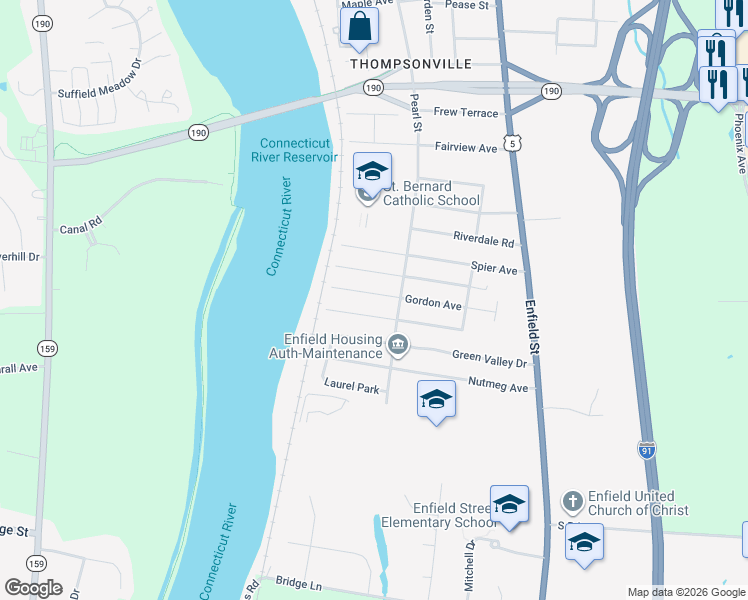 map of restaurants, bars, coffee shops, grocery stores, and more near 16 Orchard Hill Drive in Enfield