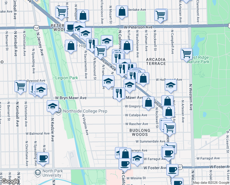map of restaurants, bars, coffee shops, grocery stores, and more near 5615 North Mozart Street in Chicago