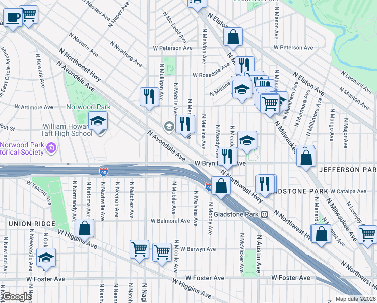 map of restaurants, bars, coffee shops, grocery stores, and more near 5640 North Northwest Highway in Chicago