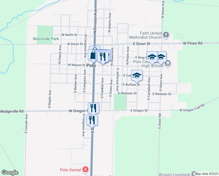 map of restaurants, bars, coffee shops, grocery stores, and more near 305 South Green Avenue in Polo