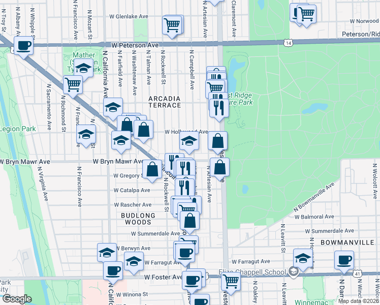 map of restaurants, bars, coffee shops, grocery stores, and more near 2452 West Bryn Mawr Avenue in Chicago