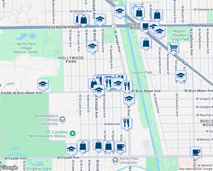 map of restaurants, bars, coffee shops, grocery stores, and more near 5621 North Christiana Avenue in Chicago