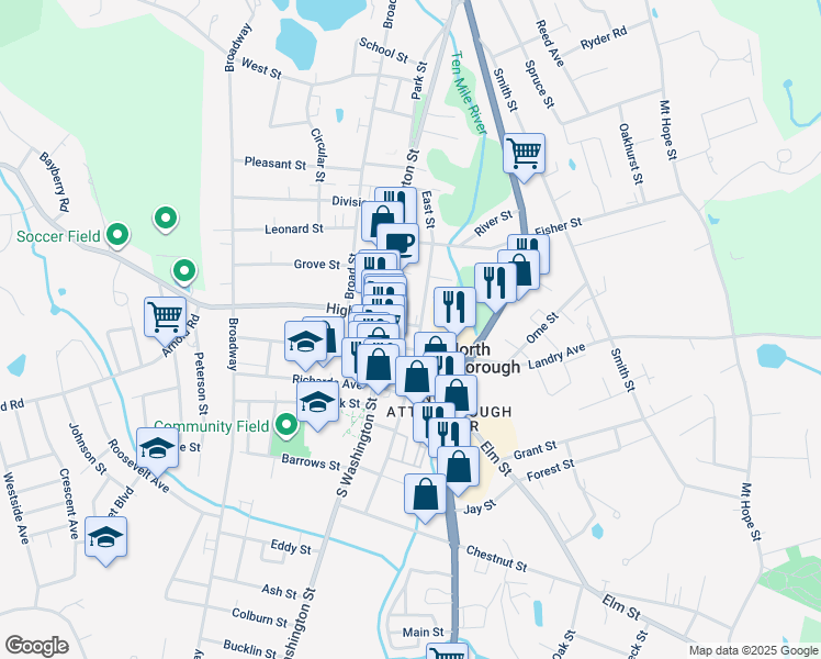 map of restaurants, bars, coffee shops, grocery stores, and more near 104 East Street in North Attleborough