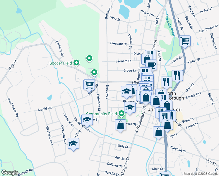 map of restaurants, bars, coffee shops, grocery stores, and more near 320 Broadway in North Attleborough