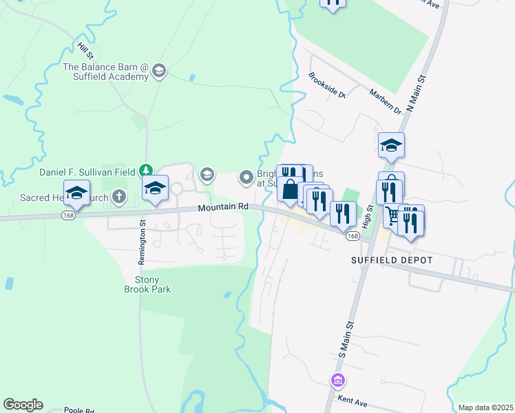 map of restaurants, bars, coffee shops, grocery stores, and more near 192 Connecticut 168 in Suffield
