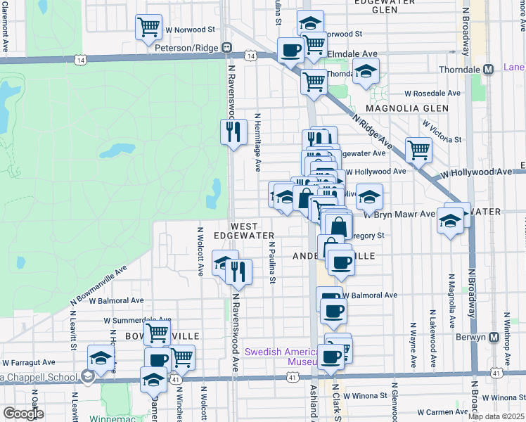 map of restaurants, bars, coffee shops, grocery stores, and more near 1726 West Bryn Mawr Avenue in Chicago