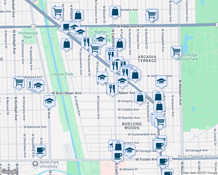 map of restaurants, bars, coffee shops, grocery stores, and more near in Chicago