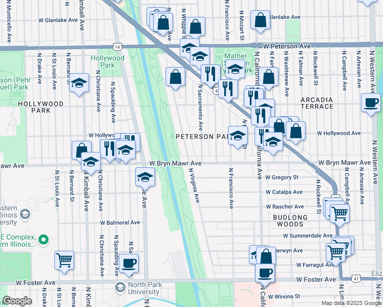 map of restaurants, bars, coffee shops, grocery stores, and more near 5611 North Virginia Avenue in Chicago