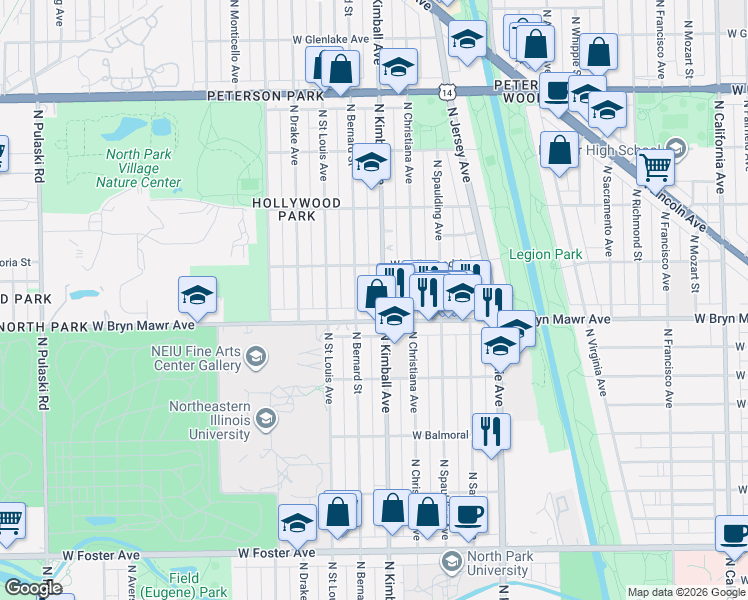 map of restaurants, bars, coffee shops, grocery stores, and more near 5614 North Kimball Avenue in Chicago