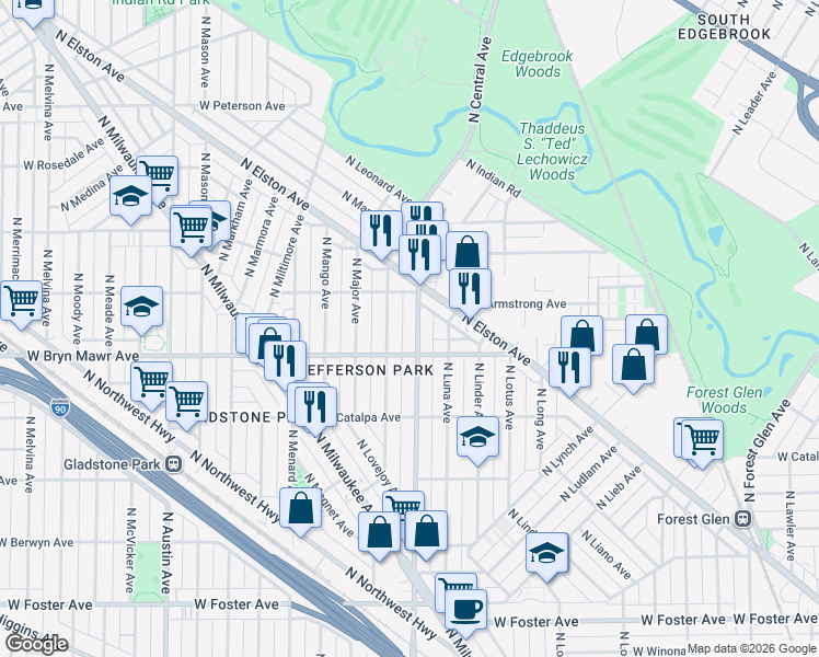 map of restaurants, bars, coffee shops, grocery stores, and more near 5617 North Central Avenue in Chicago