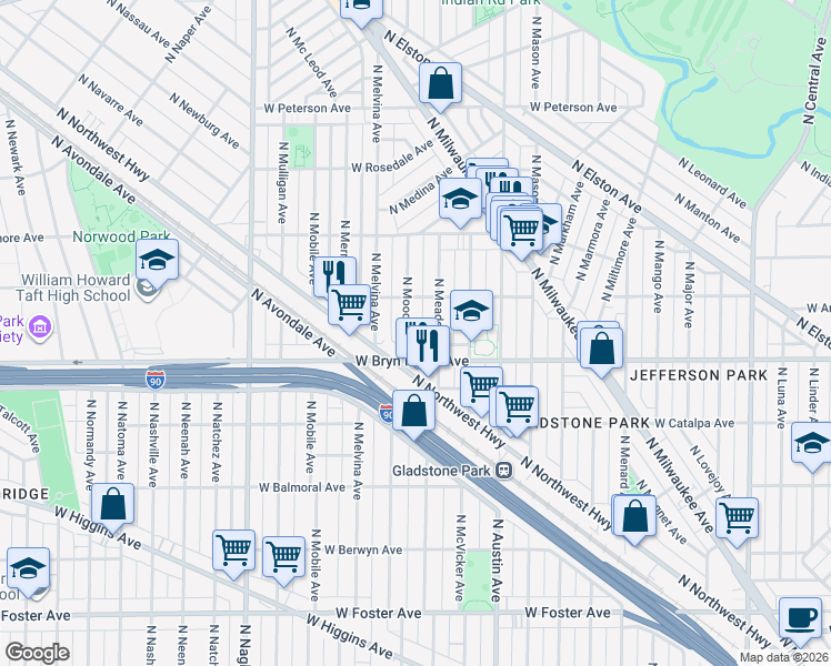 map of restaurants, bars, coffee shops, grocery stores, and more near 5619 North Moody Avenue in Chicago