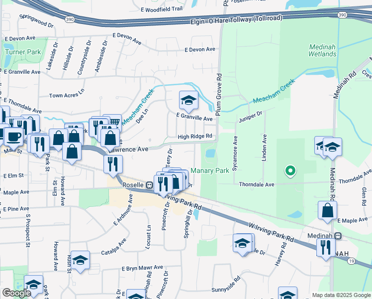map of restaurants, bars, coffee shops, grocery stores, and more near 705 Morningside Court in Roselle