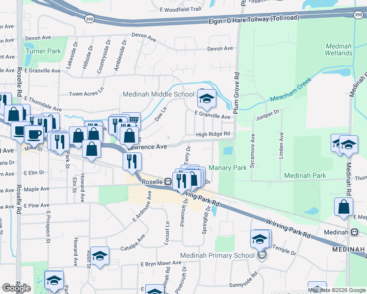 map of restaurants, bars, coffee shops, grocery stores, and more near 38 Terry Drive in Roselle