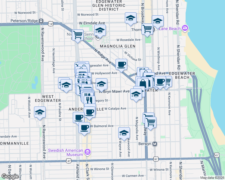 map of restaurants, bars, coffee shops, grocery stores, and more near 5603 North Glenwood Avenue in Chicago
