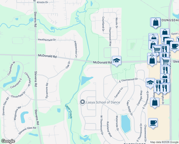 map of restaurants, bars, coffee shops, grocery stores, and more near 639 Oak Lane in South Elgin
