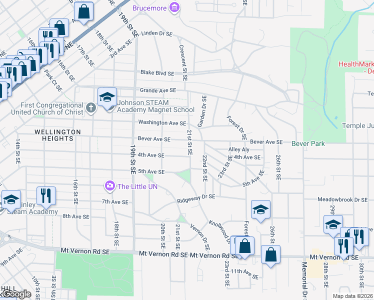 map of restaurants, bars, coffee shops, grocery stores, and more near 385 21st Street Southeast in Cedar Rapids