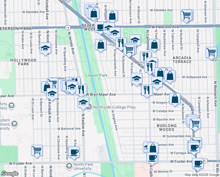 map of restaurants, bars, coffee shops, grocery stores, and more near 5611 North Virginia Avenue in Chicago
