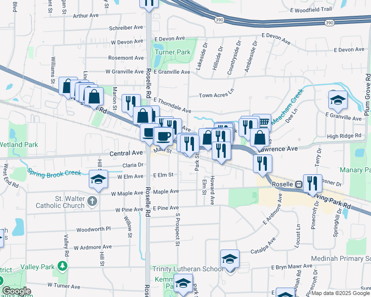 map of restaurants, bars, coffee shops, grocery stores, and more near 111 West Irving Park Road in Roselle