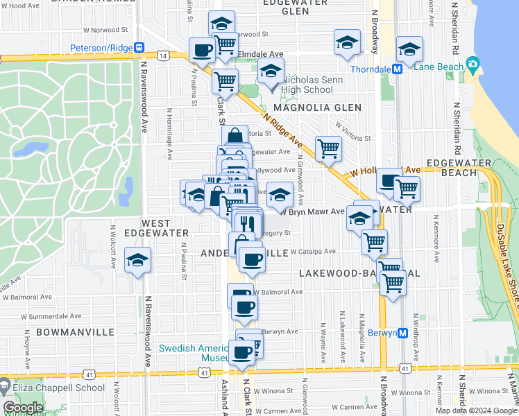 map of restaurants, bars, coffee shops, grocery stores, and more near 1502 West Bryn Mawr Avenue in Chicago
