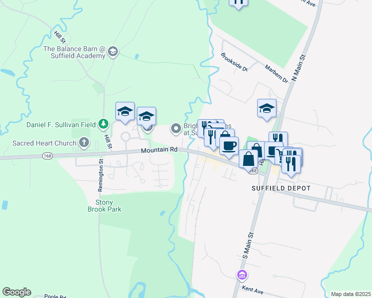 map of restaurants, bars, coffee shops, grocery stores, and more near 192 Connecticut 168 in Suffield