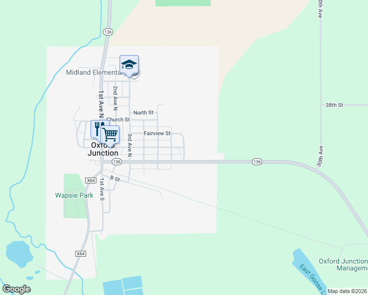 map of restaurants, bars, coffee shops, grocery stores, and more near 7th Avenue North in Oxford Junction