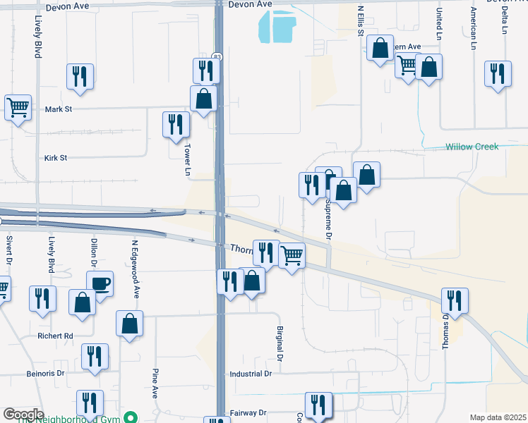 map of restaurants, bars, coffee shops, grocery stores, and more near 1065 Thorndale Avenue in Bensenville