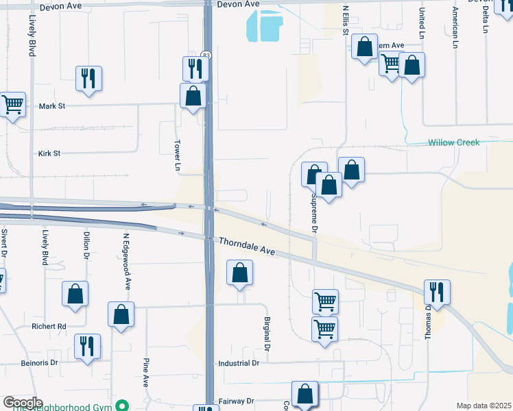 map of restaurants, bars, coffee shops, grocery stores, and more near 1065 Thorndale Avenue in Bensenville