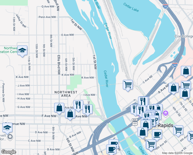 map of restaurants, bars, coffee shops, grocery stores, and more near 1200 1st Street Northwest in Cedar Rapids