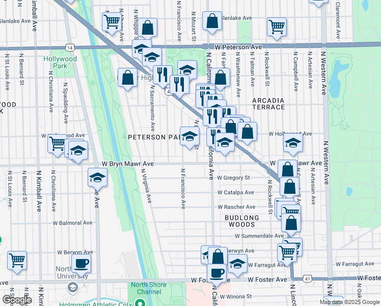 map of restaurants, bars, coffee shops, grocery stores, and more near 5650 North Mozart Street in Chicago