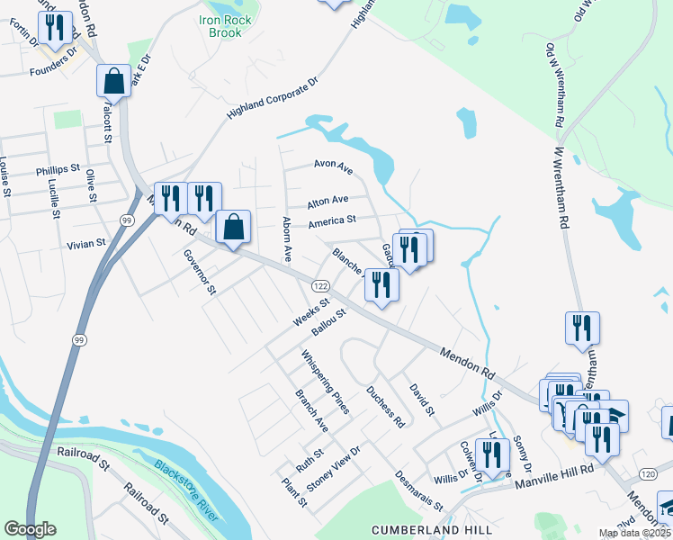 map of restaurants, bars, coffee shops, grocery stores, and more near 3883 Mendon Road in Cumberland