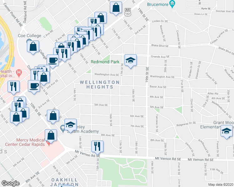 map of restaurants, bars, coffee shops, grocery stores, and more near 1624 4th Avenue Southeast in Cedar Rapids