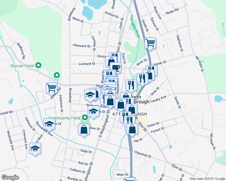 map of restaurants, bars, coffee shops, grocery stores, and more near 52 North Washington Street in North Attleborough