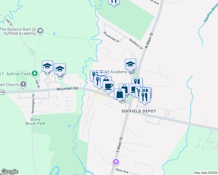 map of restaurants, bars, coffee shops, grocery stores, and more near 82 Mountain Road in Suffield