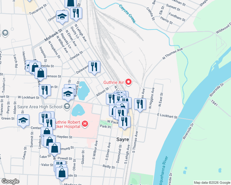 map of restaurants, bars, coffee shops, grocery stores, and more near 100-198 Cross Street in Sayre