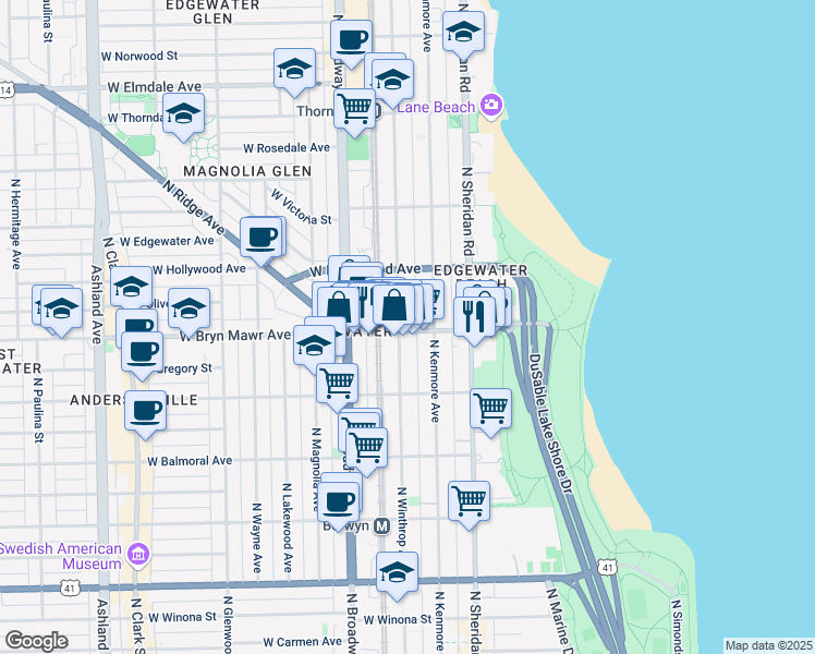 map of restaurants, bars, coffee shops, grocery stores, and more near 1039 West Bryn Mawr Avenue in Chicago