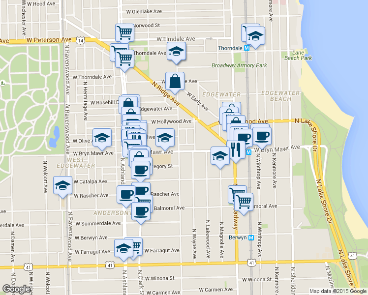 map of restaurants, bars, coffee shops, grocery stores, and more near 1353 West Bryn Mawr Avenue in Chicago