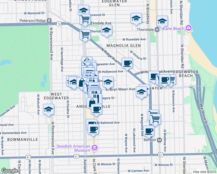map of restaurants, bars, coffee shops, grocery stores, and more near 1428 West Bryn Mawr Avenue in Chicago