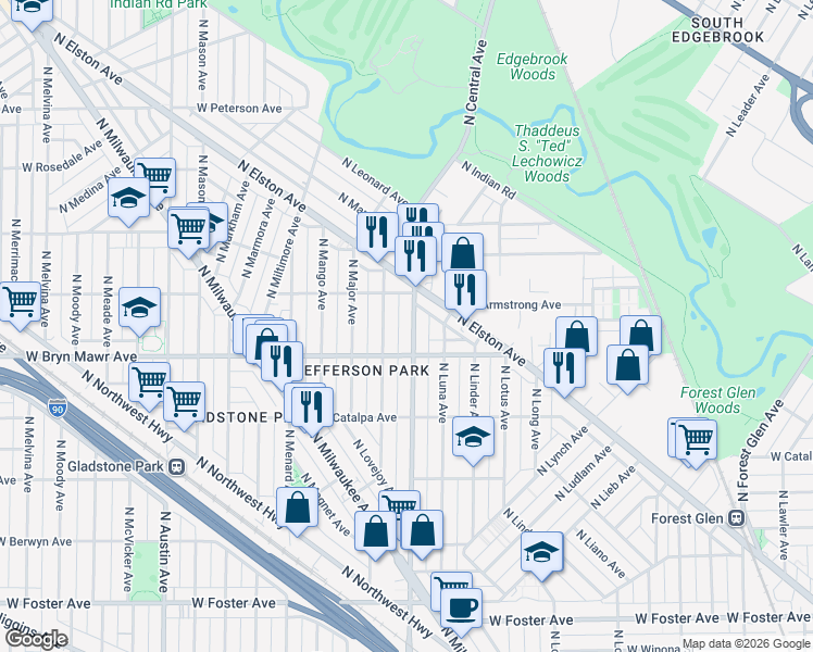 map of restaurants, bars, coffee shops, grocery stores, and more near 5617 North Central Avenue in Chicago