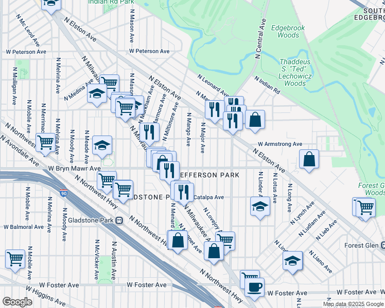 map of restaurants, bars, coffee shops, grocery stores, and more near 5614 North Major Avenue in Chicago