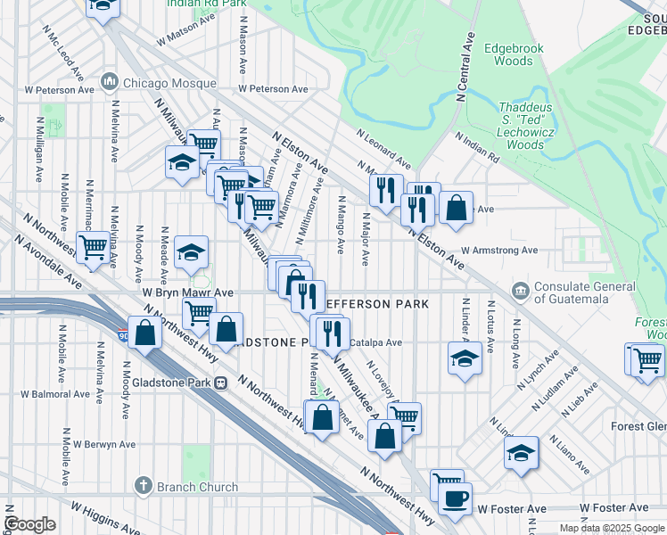 map of restaurants, bars, coffee shops, grocery stores, and more near 5616 North Mango Avenue in Chicago