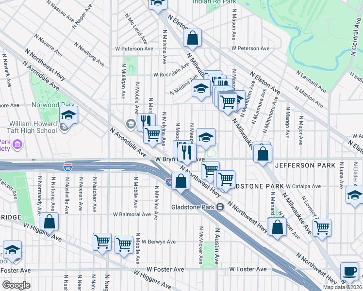 map of restaurants, bars, coffee shops, grocery stores, and more near 5619 North Moody Avenue in Chicago