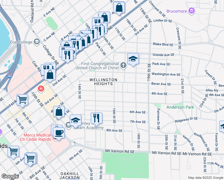 map of restaurants, bars, coffee shops, grocery stores, and more near 1551 4th Avenue Southeast in Cedar Rapids